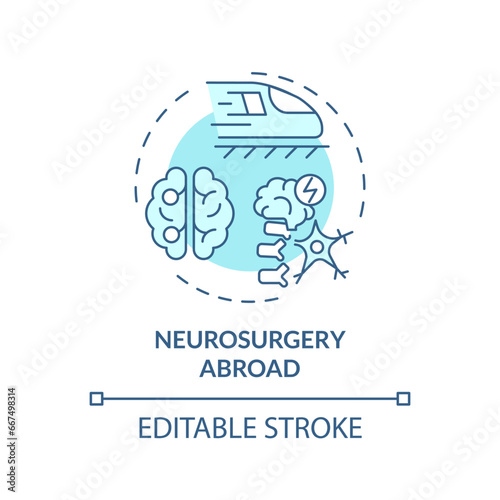 2D editable blue neurosurgery abroad icon, simple isolated monochromatic vector, medical tourism thin line illustration.