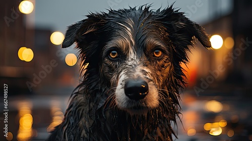 Homeless abandoned stray dog â€‹â€‹with very sad smart eyes. Sad emotion illustration. Generative AI