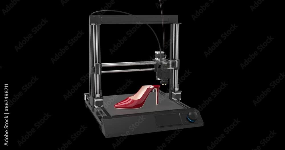 A red women's shoe is printed on a 3D printer. The concept of printing shoes on a home 3D printer. 3d rendering. RGB + Alpha channel A red women's shoe is printed on a 3D printer. The concept of printing shoes on a home 3D printer. 3d rendering. RGB + Alpha channel