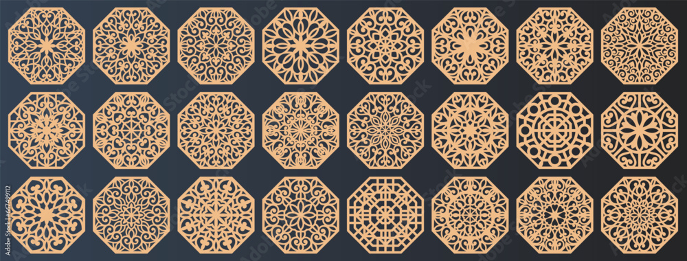 Lotus Mandala Vector Template Set for Cutting and Printing. Oriental silhouette ornament. Vector coaster design Lotus Mandala Vector Template Set for Cutting and Printing. Oriental silhouette ornament. Vector coaster design