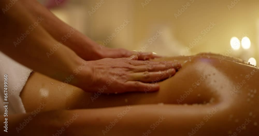 Exfoliation, spa and closeup of woman with back massage for beauty, health and wellness body treatment. Luxury, self care and zoom of female person with soothing, calm and peaceful routine at salon.