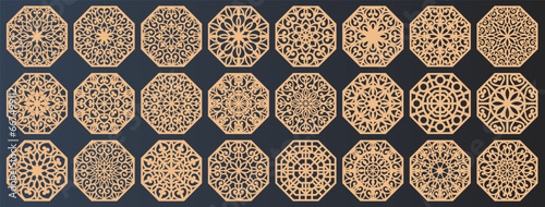 Lotus Mandala Vector Template Set for Cutting and Printing. Oriental silhouette ornament. Vector coaster design	