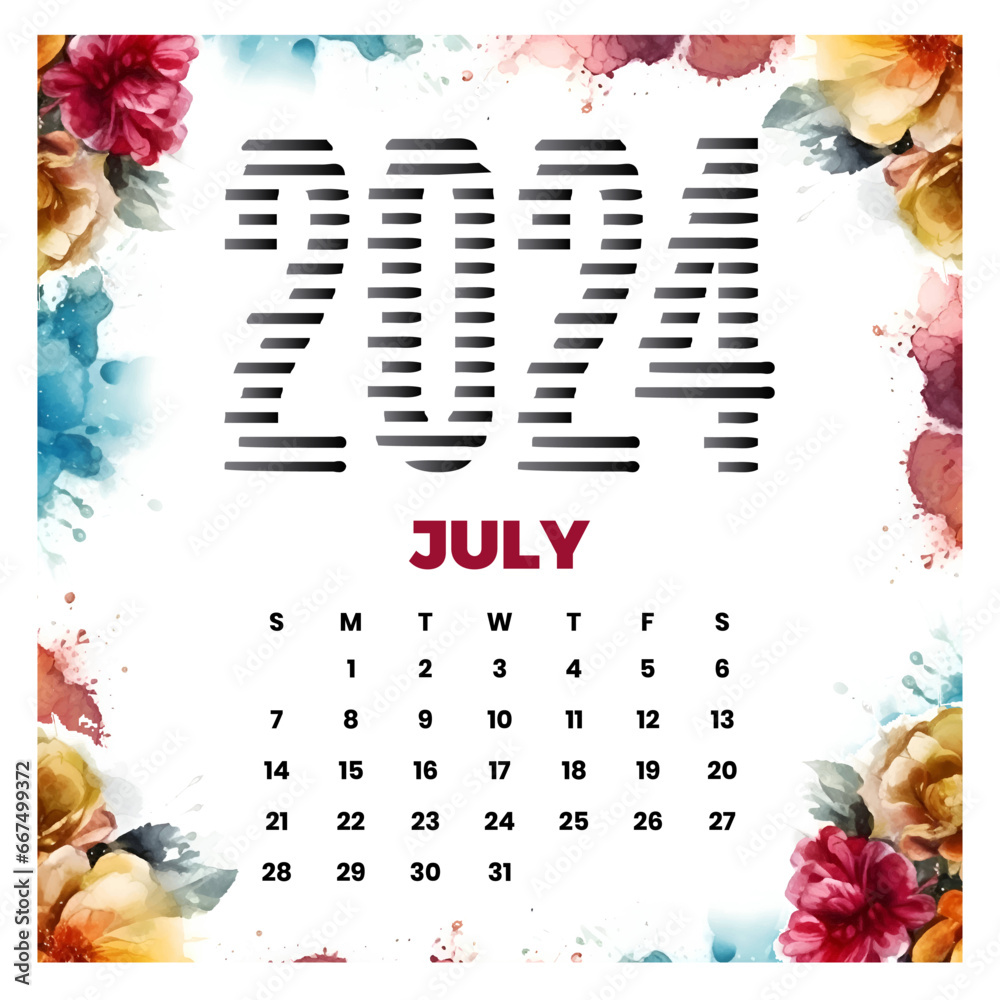 vector July floral calendar 2024 - obrazy, fototapety, plakaty 