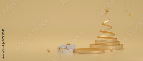 Podium Golden christmas tree and gift box design for christmas holiday. Merry christmas. 3D Rendering.