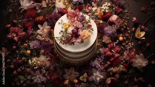 Birds eEye View of Wedding Cake Gracefully Presented on a Table, Surrounded by Fragrant Flowers, photo