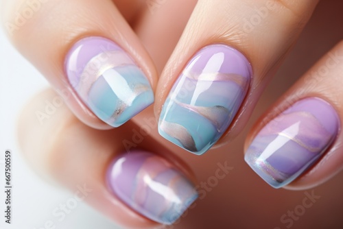 Beautiful nail paint design or art in light purple color photo