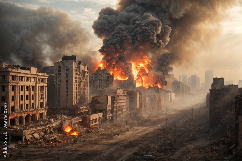 Burning building in the city. The concept of disasters and natural disasters.