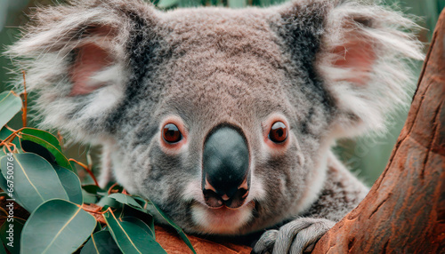 Oso koala trepado en árbol de eucalipto. Primerísimo primer plano photo