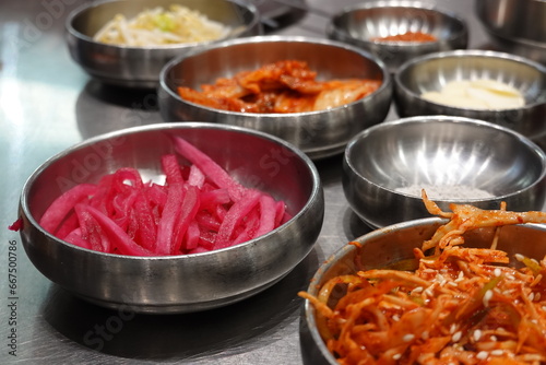 Obraz na plátně Korean side dishes Banchan in small dish. Korea style food
