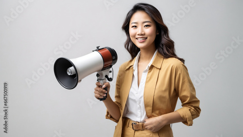 Portrait Beautiful Young Asian Woman Smile with Megaphone on White Background