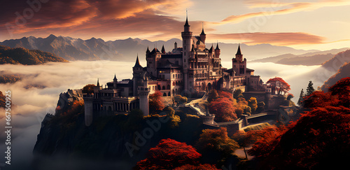 a castle top is sitting against a cloudy autumnal setting, in the style of samyang af 14mm f/2.8 rf, golden light, aerial view, white and pink, impressive panoramas, cabincore, mist photo