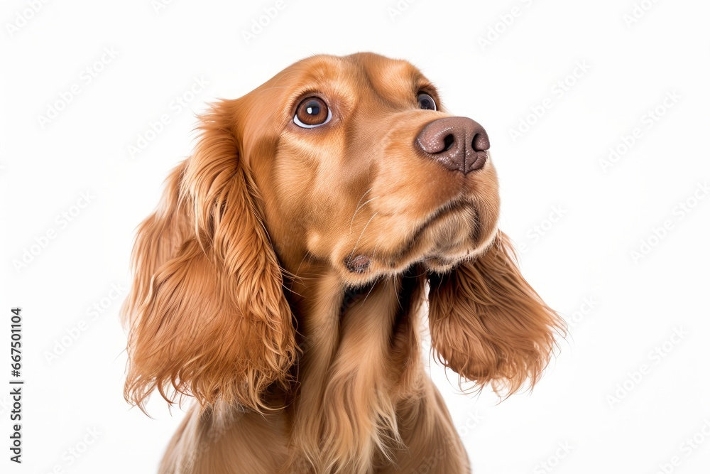Photo of an affectionate Cocker Spaniel looking up with soulful eyes on a spotless white background. Generative AI