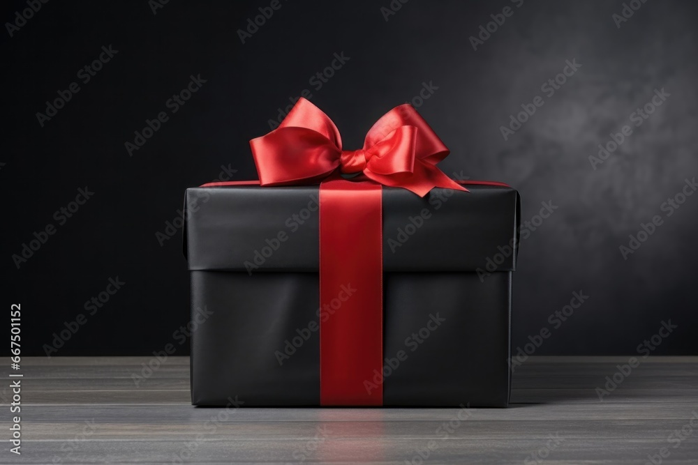 Black Friday Gift wrapped in black paper with red bow on dark background. Generative AI.