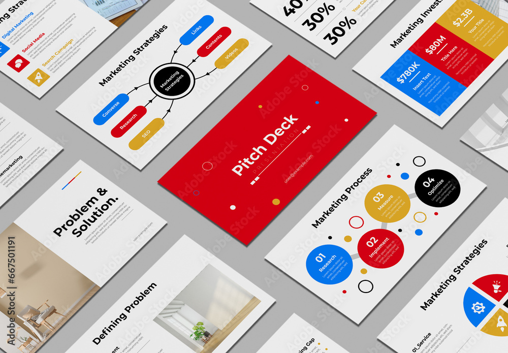 Business Presentation Slide Deck Layout with Red And Blue Accents Stock