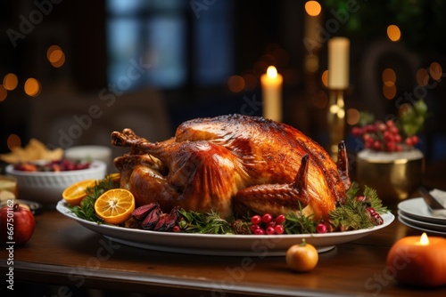 Hyper Realistic super detailed macro shot, delicious Turkey on a table, nicely decorated, in a garden, Thanksgiving, minimalist.
