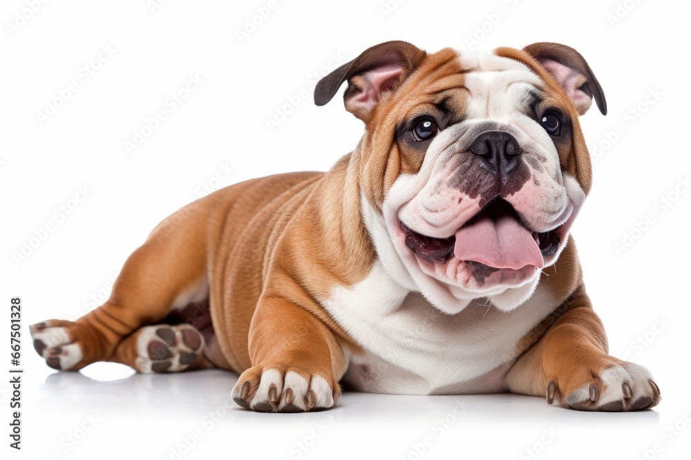 Photo of an affectionate English Bulldog with a heartwarming smile on a pristine white surface. Generative AI