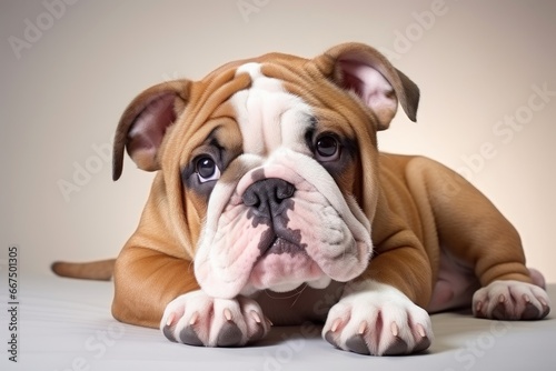 Photo of an affectionate English Bulldog with a heartwarming smile on a pristine white surface. Generative AI