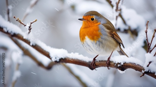 A robin, its chest ablaze with color, perched quaintly on a snow-covered branch. © baloch