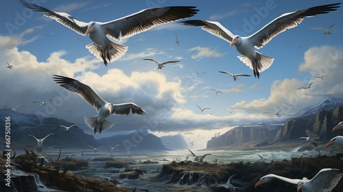 A rookery of albatrosses, their vast wingspans evident as they take to the skies. photo