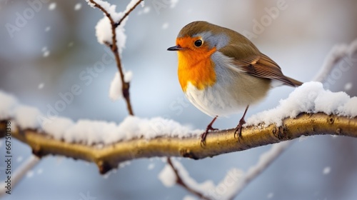 A robin, its chest ablaze with color, perched quaintly on a snow-covered branch. © baloch