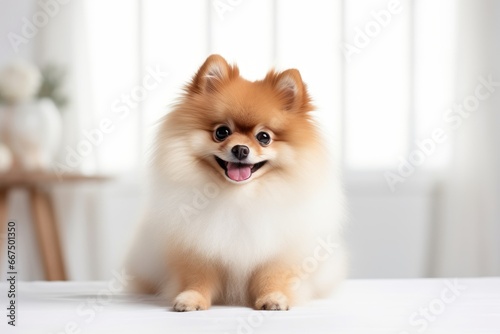 Photo of an affectionate Pomeranian with a fluffy coat on a clean white table. Generative AI © Aditya
