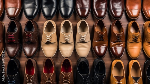A row of diverse shoes arranged neatly, showcasing various styles and occasions.