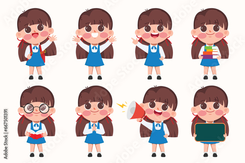 Cute cartoon Students Back to school and learning in the classroom character. Set of cartoon children gesture pose.