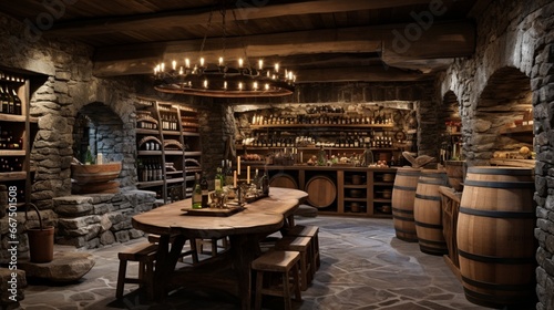 A rustic wine cellar, with stone walls, wooden racks filled with bottles, and a tasting table at its center.
