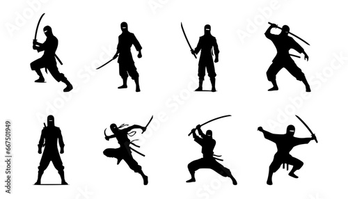 set of ninja silhouettes on isolated background
