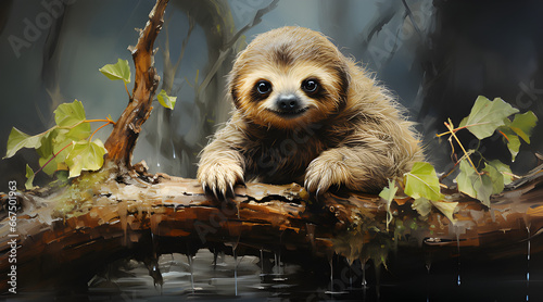 little baby sloth sitting on branch, in the style of tomàs barceló, david tutwiler, steve argyle, textural richness, group f/64 photo