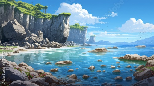 A serene coastal scene, where limestone cliffs meet the gentle ebb and flow of the sea.