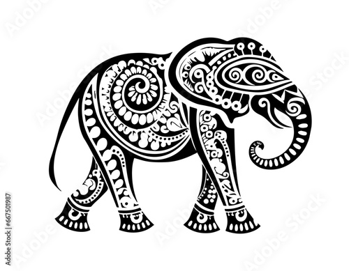 Silhouette of the elephant on a white background, in the style of goa-insprired motifs. Tattoo inspired. Traditional art