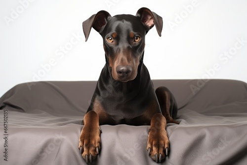 Photo of an alert Doberman Pinscher in a watchful stance on a pure white sheet. Generative AI