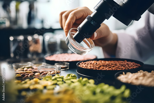 Scientists conducting a research in a state-of-the-art grains and farming laboratory in agricultural industry and nanotechnology, using a macro lens to capture intricate details and a modern