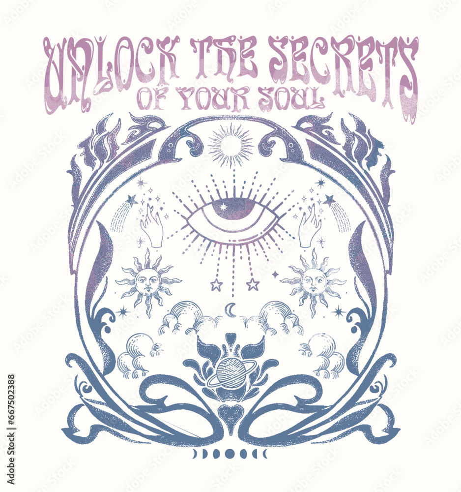     "Unlock the Secrets of Your Soul."Retro 70's psychedelic hippie element illustration print with groovy slogan for man - woman graphic tee t shirt or sticker poster - Vector - obrazy, fototapety, plakaty 