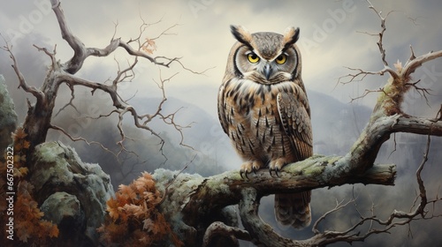 A solitary owl perched on a gnarled branch, eyes fixed intently on its surroundings.