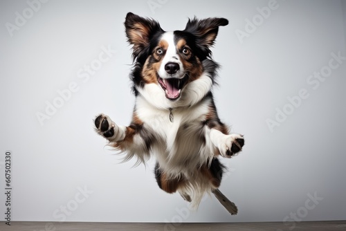 Photo of an athletic Australian Shepherd in a dynamic pose on a clean white countertop. Generative AI