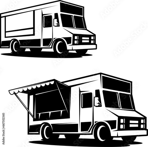 Illustration of an food truck. Design element for emblem, sign, badge. Vector illustration