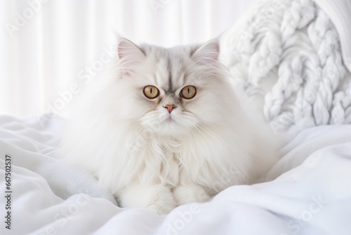 Photo of an elegant Persian cat with a fluffy coat on a pure white sheet. Generative AI