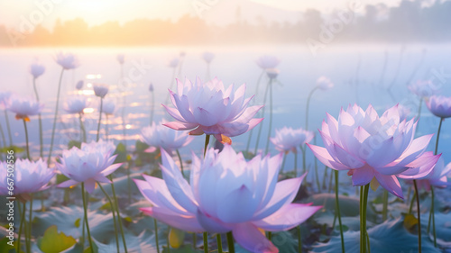 lotus flowers in nature, delicate pastel morning background pink and blue shades of tenderness and beauty of nature. fictional graphics © kichigin19