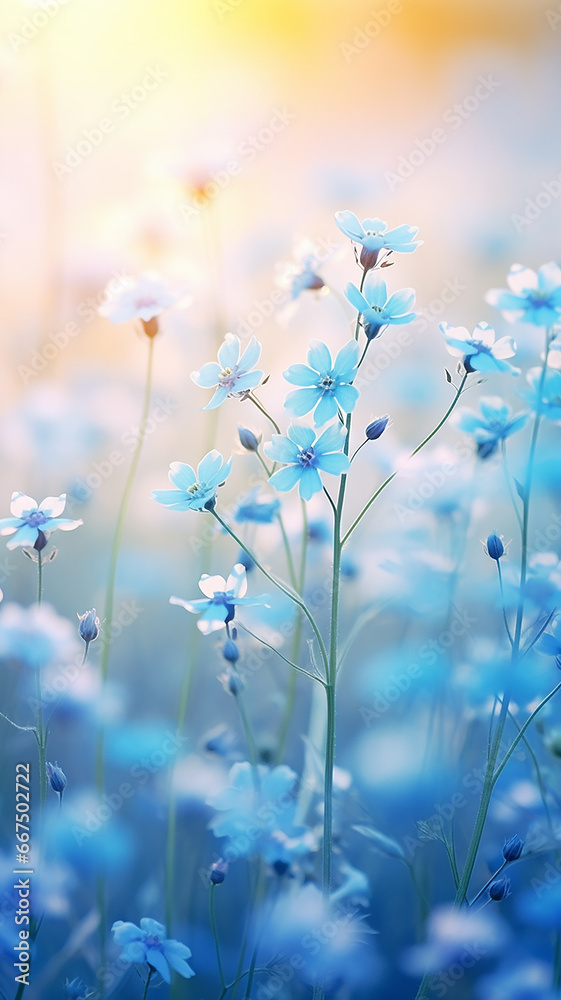 vertical background delicate spring wild wildflowers, small blue forget-me-nots in the morning mist of nature