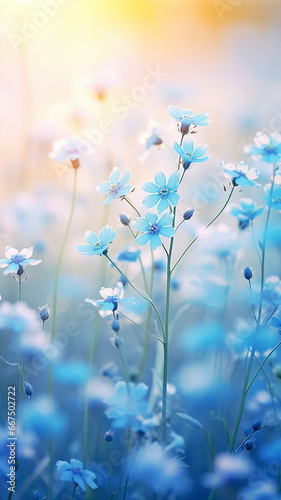 vertical background delicate spring wild wildflowers, small blue forget-me-nots in the morning mist of nature
