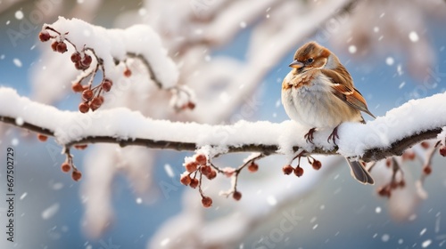 A tiny sparrow, fluffing its feathers, perched cozily amidst snow-covered branches.