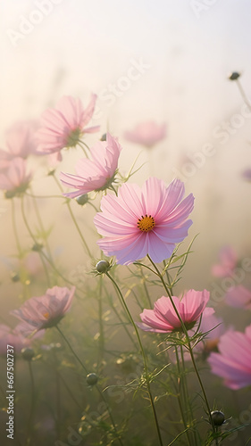 vertical background delicate pink flowers, wild field daisies in the morning mist, spring landscape view © kichigin19
