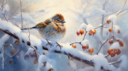 A tiny sparrow, fluffing its feathers, perched cozily amidst snow-covered branches.