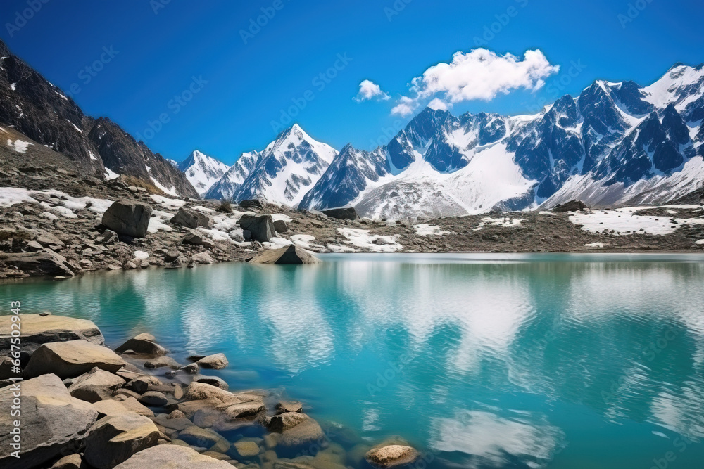 Obraz premium winter landscape frozen lake in the mountains, reflection 
