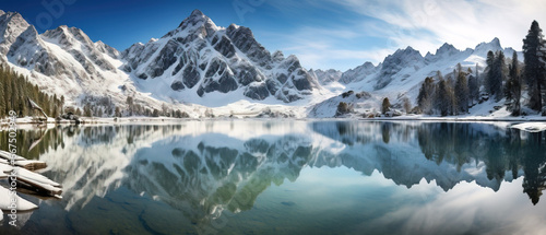 winter landscape frozen lake in the mountains, reflection  photo