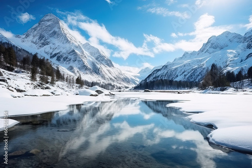 winter landscape frozen lake in the mountains, reflection 