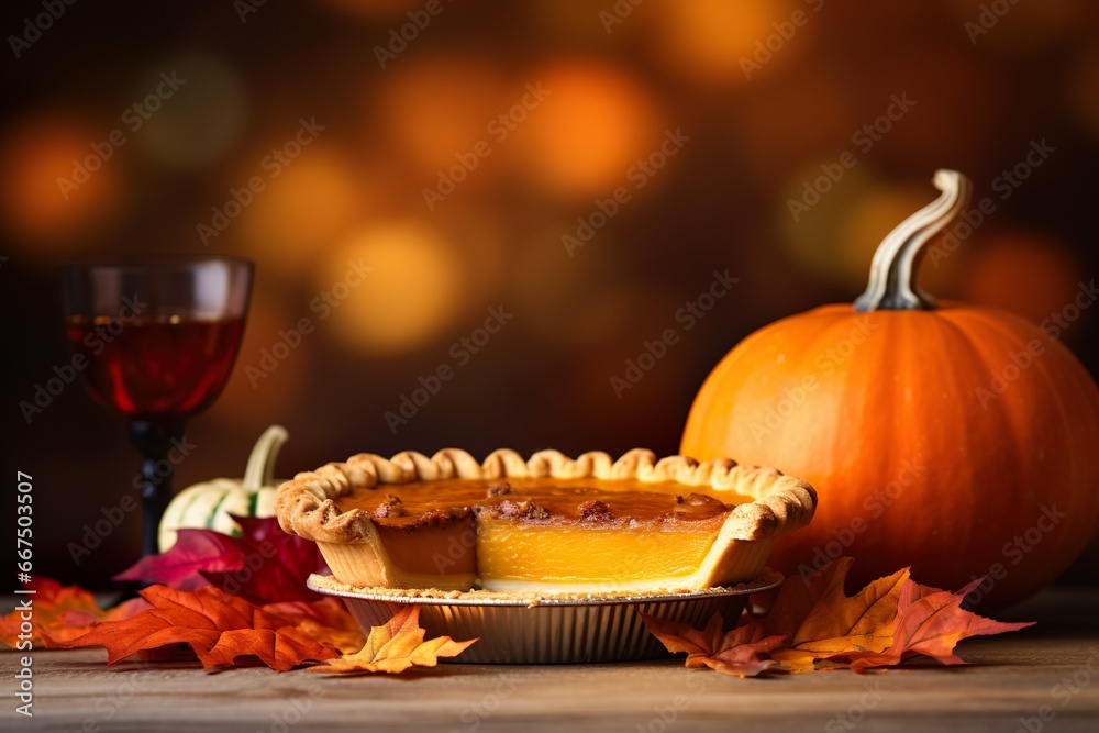 Thanksgiving background delicious pie with pumpkins and autumn leaves  on wooden table 
