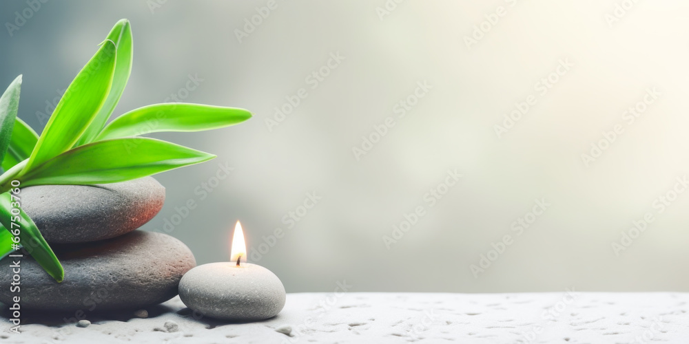 Harmony, healing, spa relax and sustainable grey banner with burning candle, massage stones and green leaves. Concept of relaxing, good health and healthy sleep. Banner size, copy space